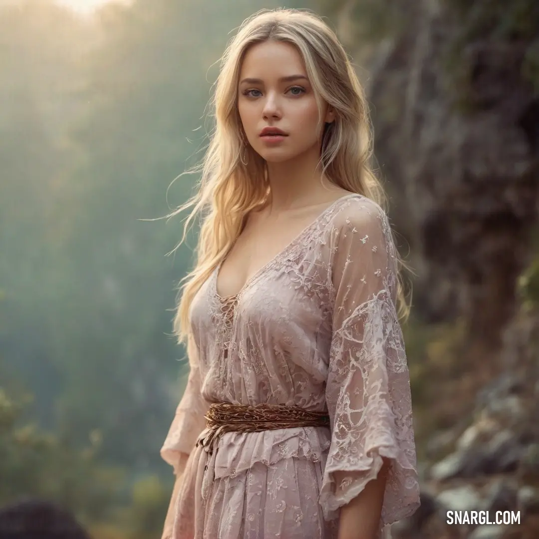 Woman in a dress standing in a forest with a tree in the background