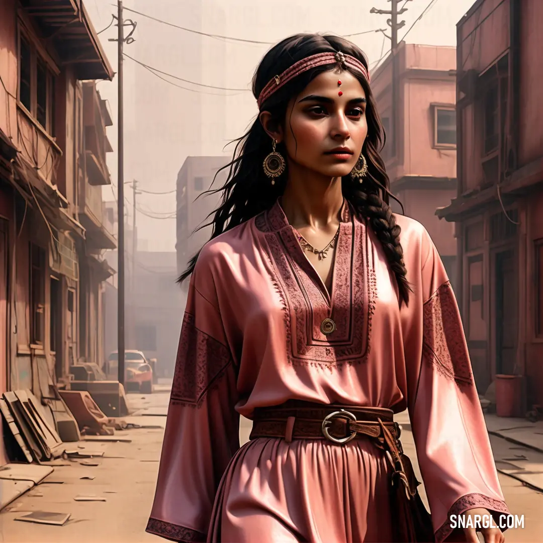 Woman in a pink dress is walking down a street with a bag in her hand and a red brick building in the background