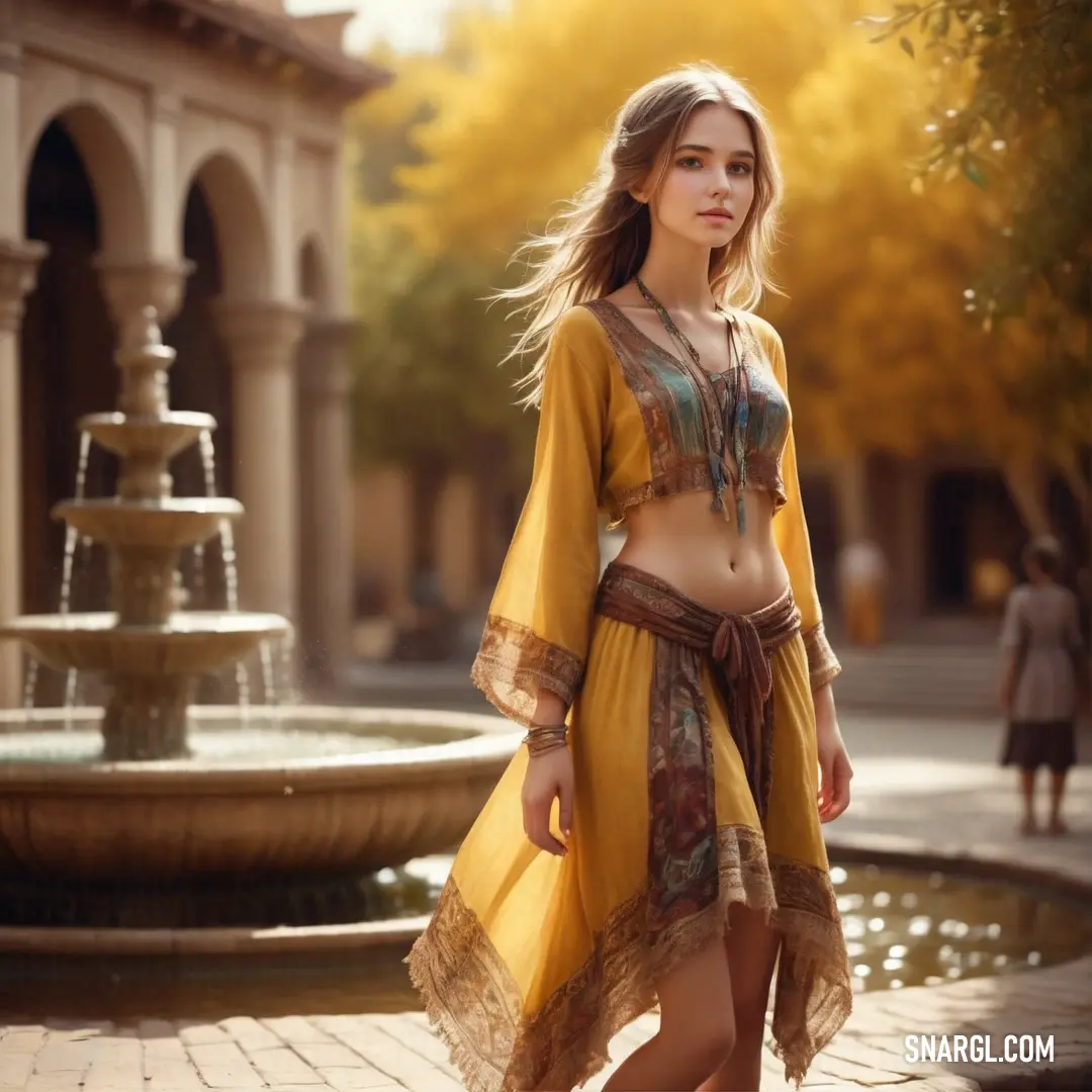 Woman in a yellow dress standing in front of a fountain