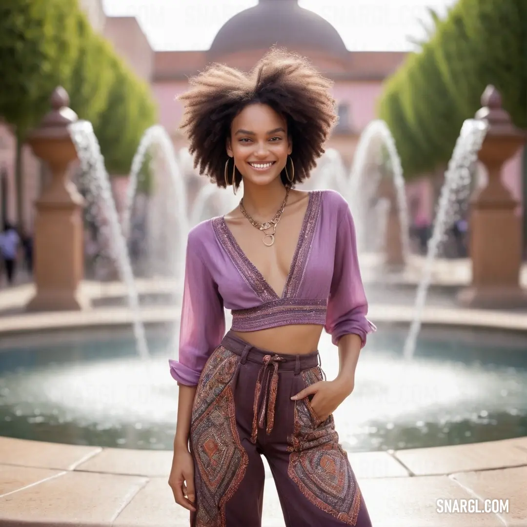 Woman standing in front of a fountain with a smile on her face and hair in the wind