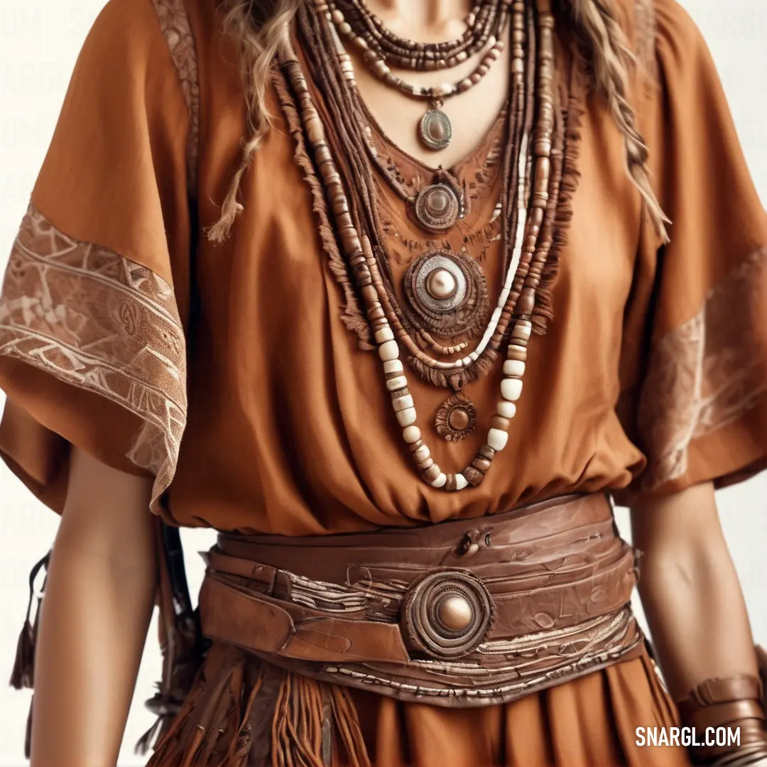 Woman wearing a brown dress and a necklace with beads and beads on it's neck