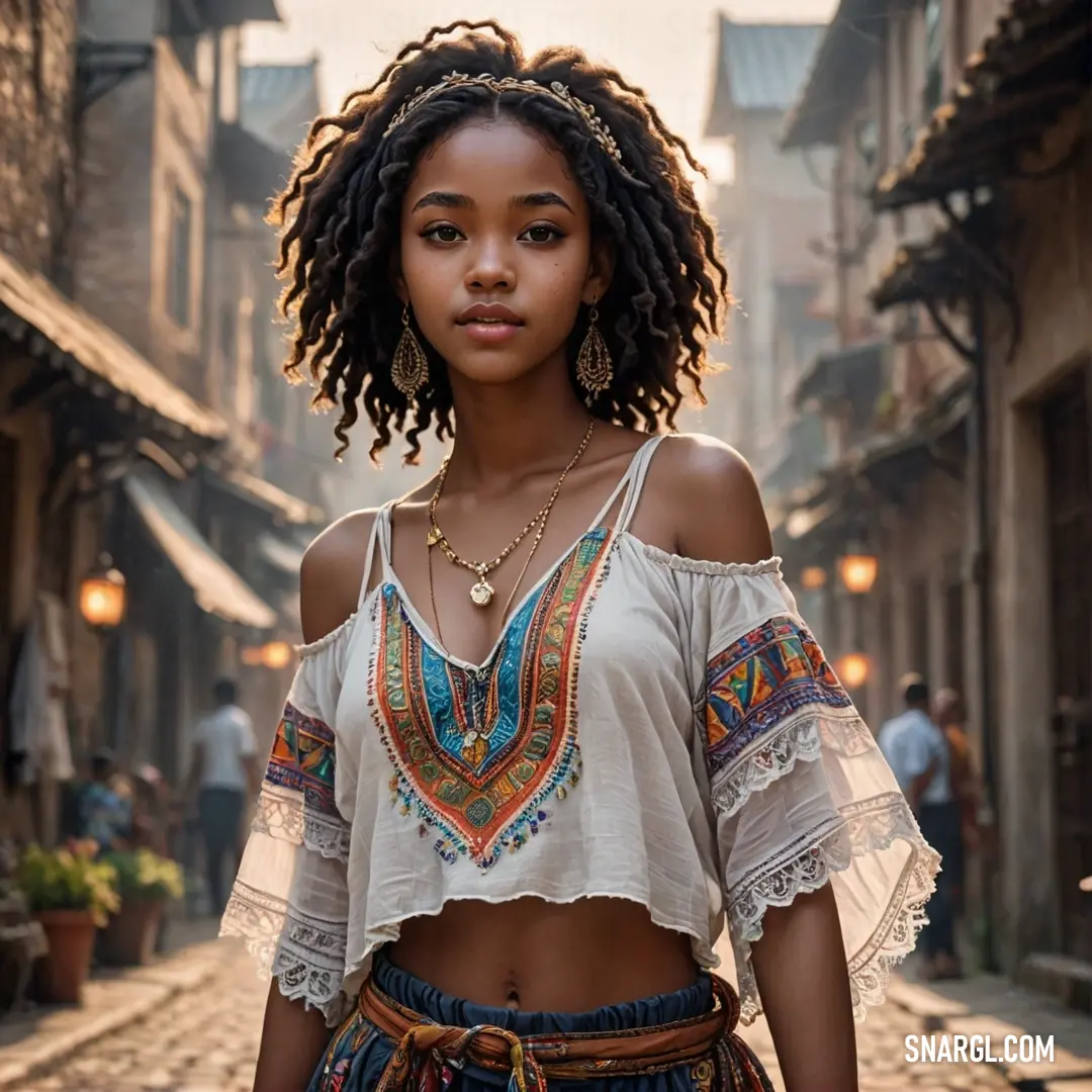 Woman with a crop top and a skirt on a street with people in the background