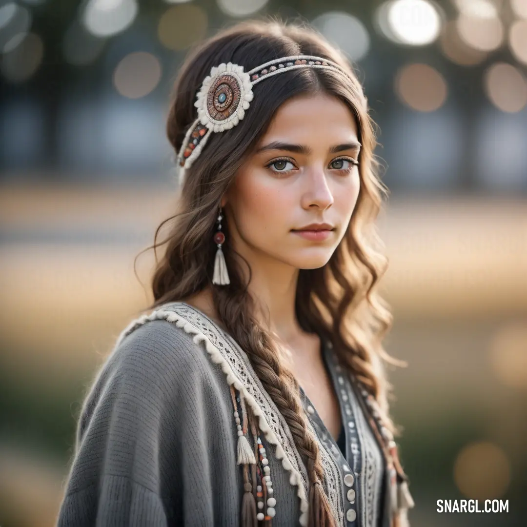 Woman with long hair wearing a head piece and a necklace with a flower on it's head