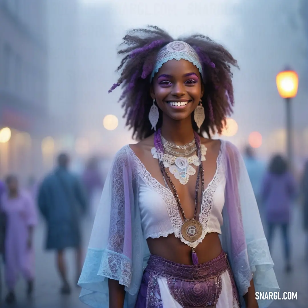 Woman with purple hair and a white top and purple skirt and a light colored headband