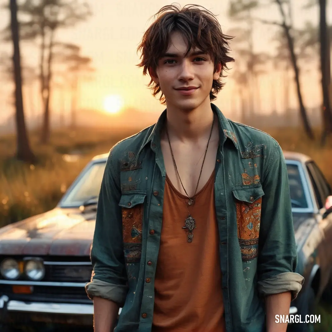 Young man standing in front of a car in a field at sunset