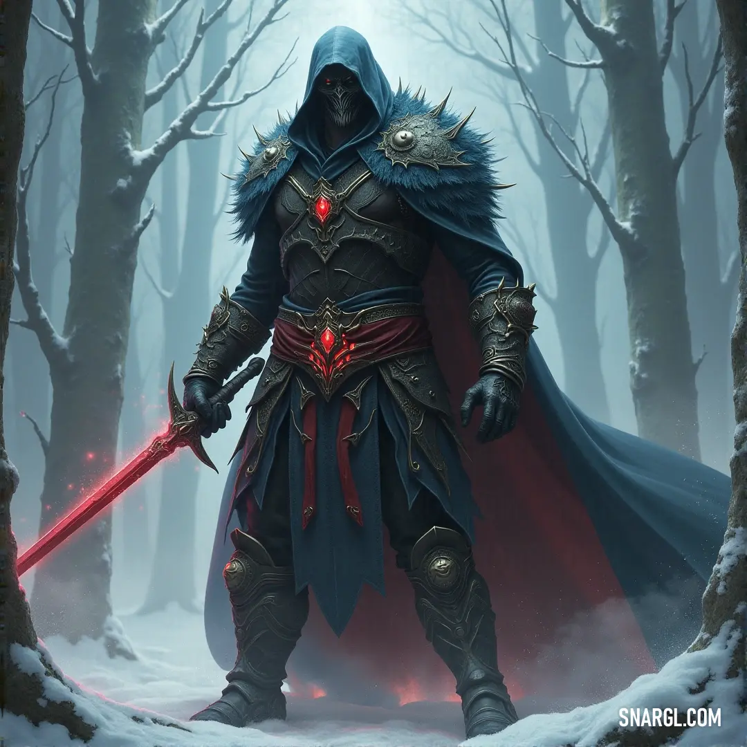 A warrior clad in a dark hooded cloak grips a sword tightly, standing in a snowy forest. Snow-covered branches frame the scene as he surveys the frozen wilderness.