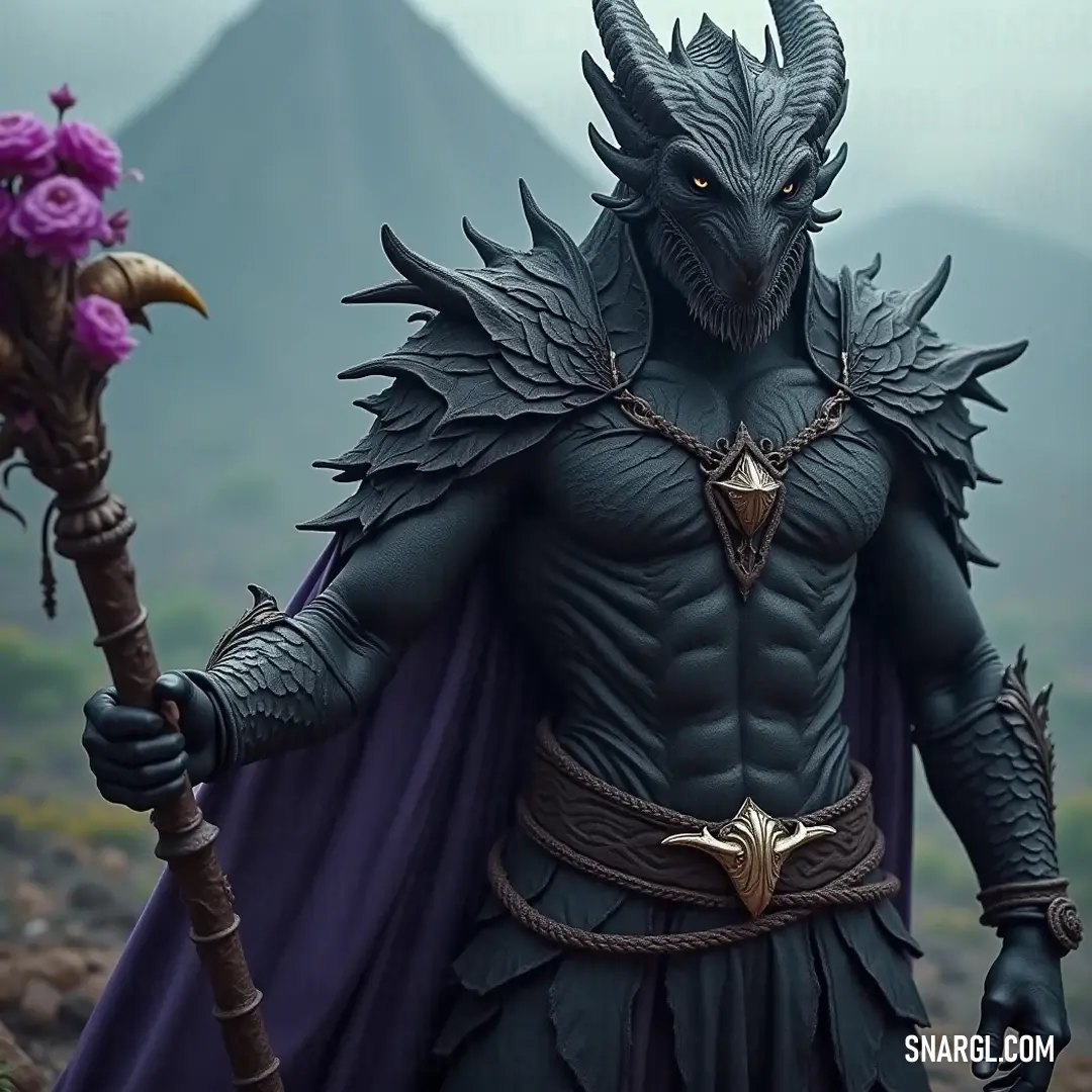 An imposing figure with a horned head and a captivating purple cape holds a stick and a unique purple flower, blending harmony and power in a vibrant natural setting. A striking male figure with impressive horns and a regal purple cape grasps a sturdy stick in one hand and a rare purple flower in the other, creating a contrast of strength and beauty against the backdrop of nature.