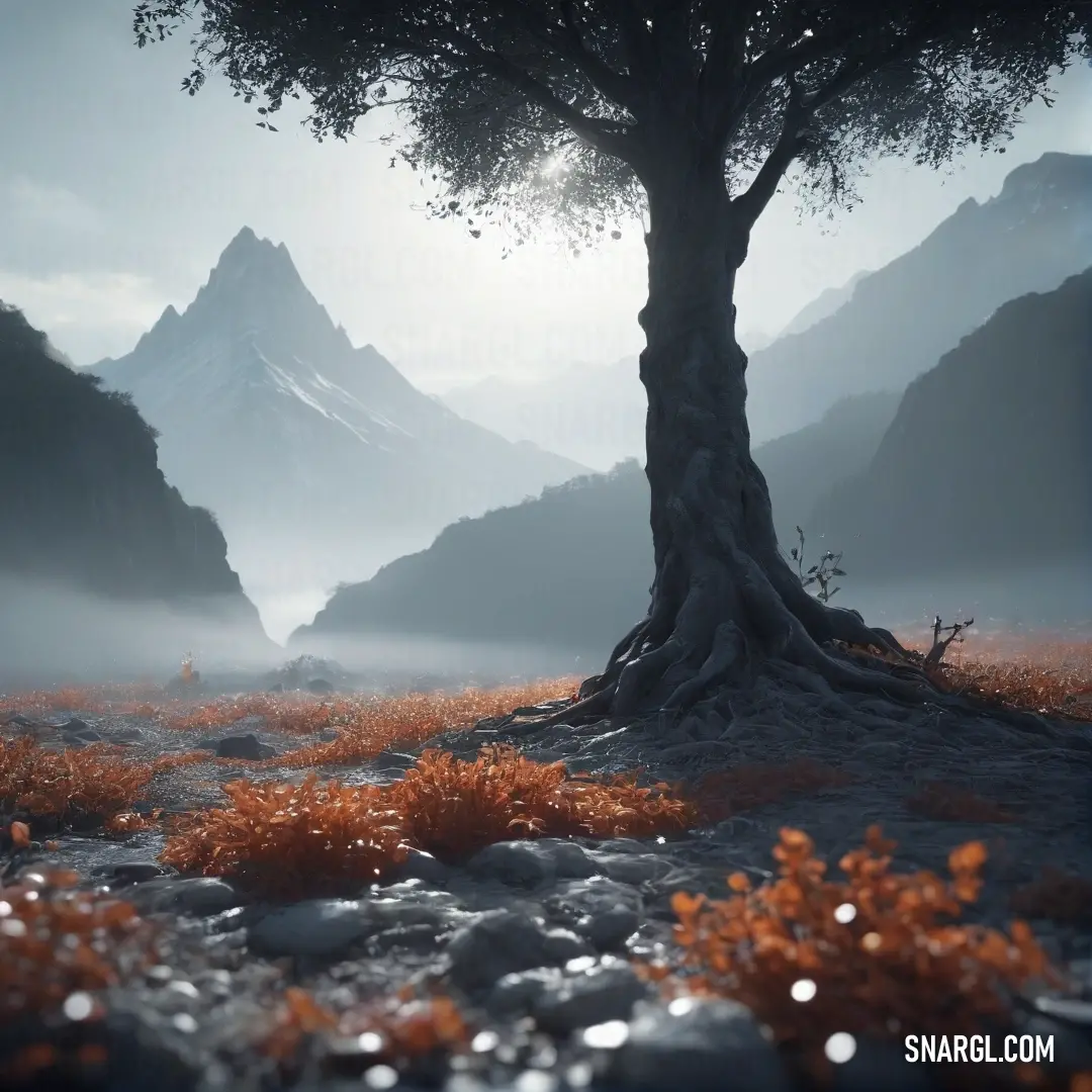 Tree in a field with mountains in the background. Example of Bole color.