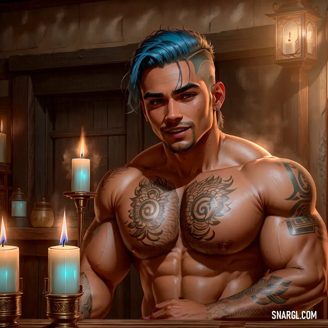 Man with tattoos and a blue hair is posing in front of candles and a mirror