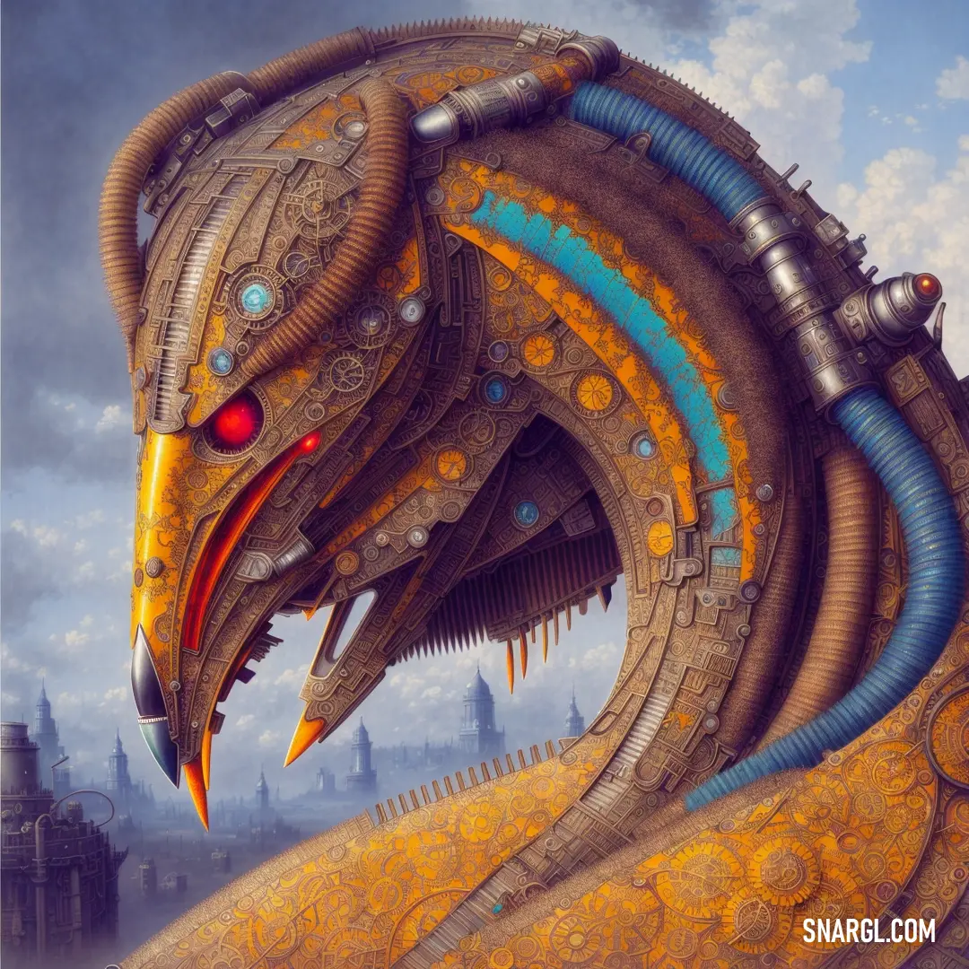 Painting of a dragon with a huge head and a huge body of gold and blue paint on it