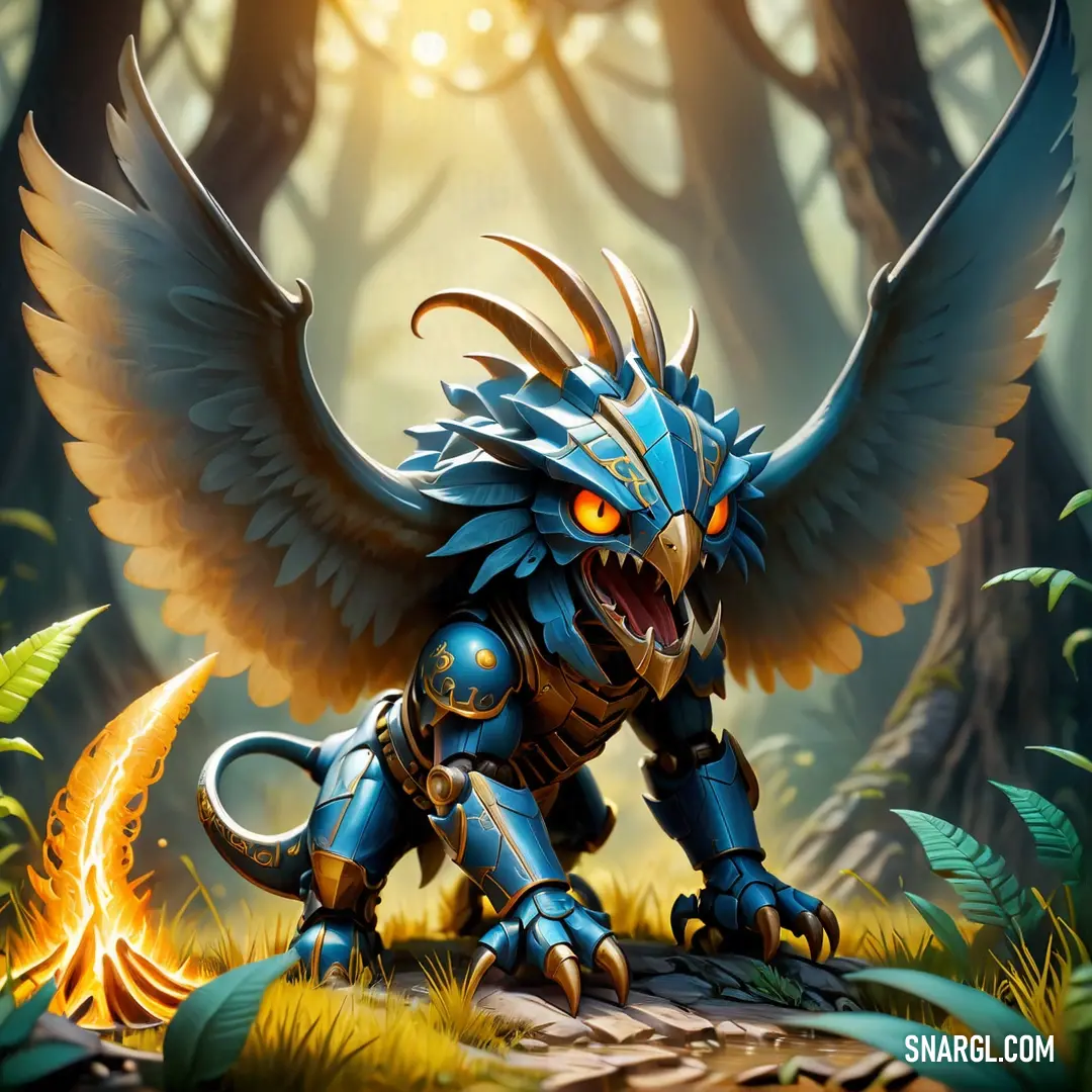 Blue and gold creature with large wings in a forest with trees and grass. Example of RGB 0,149,182 color.