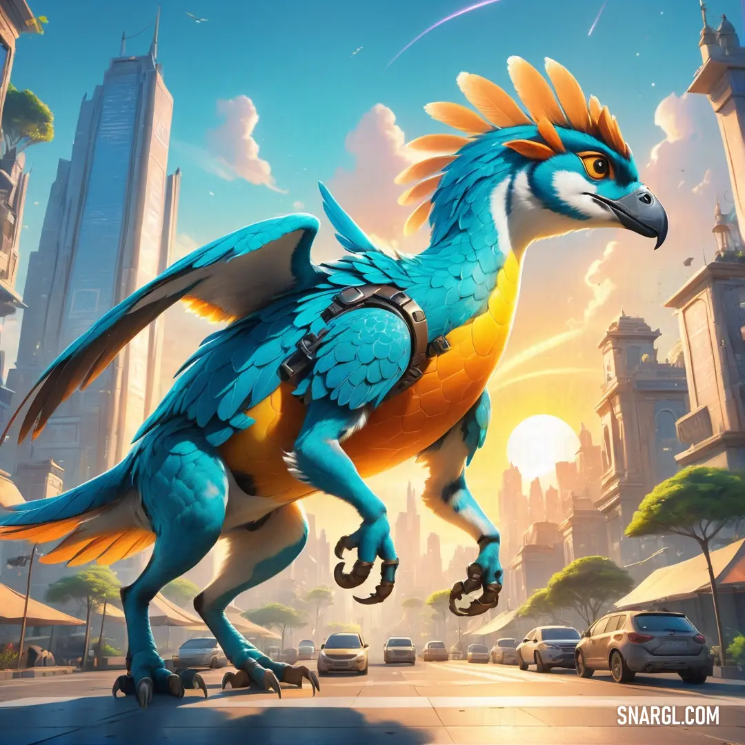 Blue and yellow bird with orange wings on a city street with cars and buildings in the background. Color RGB 0,149,182.