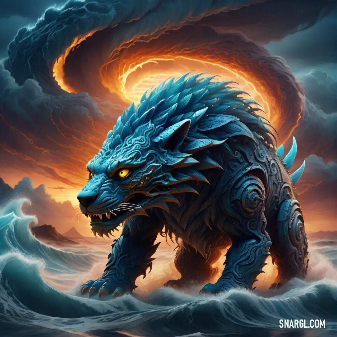 Blue dragon with yellow eyes standing in the water with a wave in the background. Example of RGB 0,149,182 color.