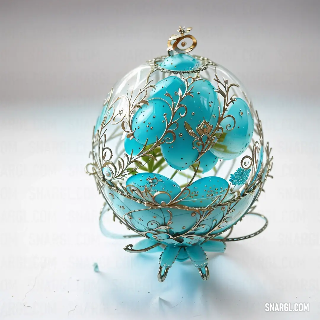 Blue glass ball with flowers inside of it on a table top with a white background and a gold chain
