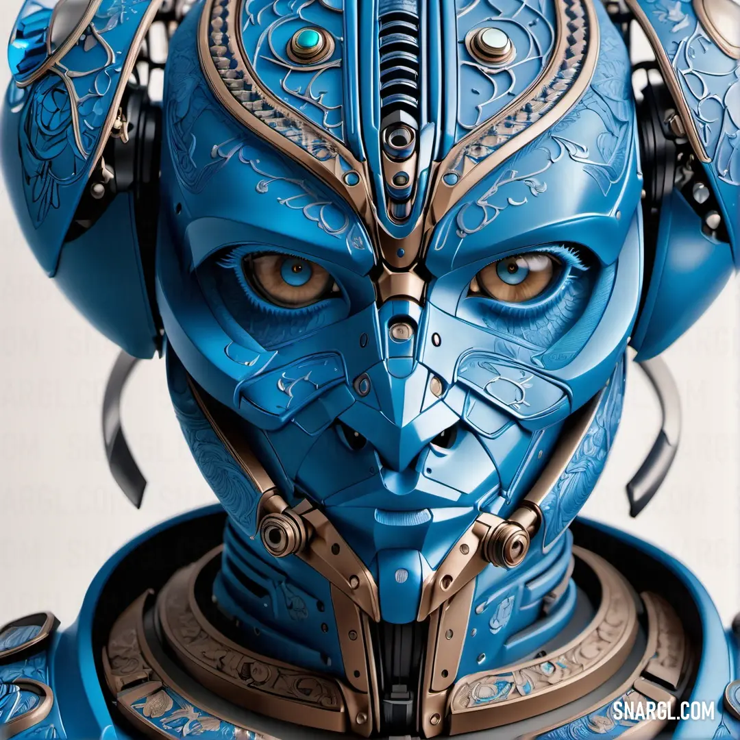 Blue robot with a helmet and a large headpiece on it's face and a large metal object in the shape of a human head