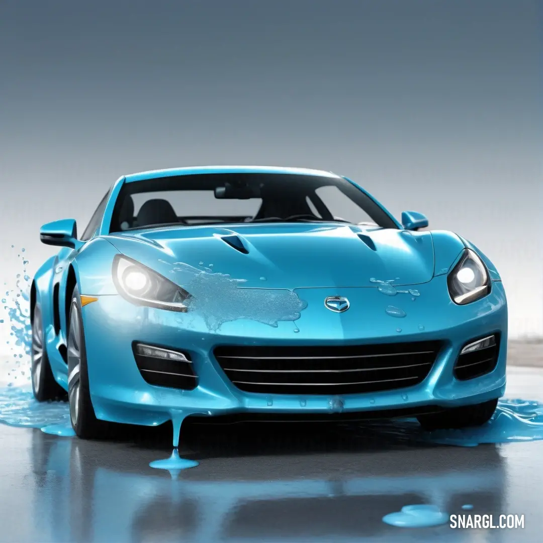 Bondi blue color. Blue sports car is driving through a puddle of water on a wet surface with a blue sky background