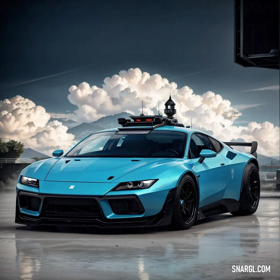Blue sports car with a camera on top of it's roof and a sky background with clouds