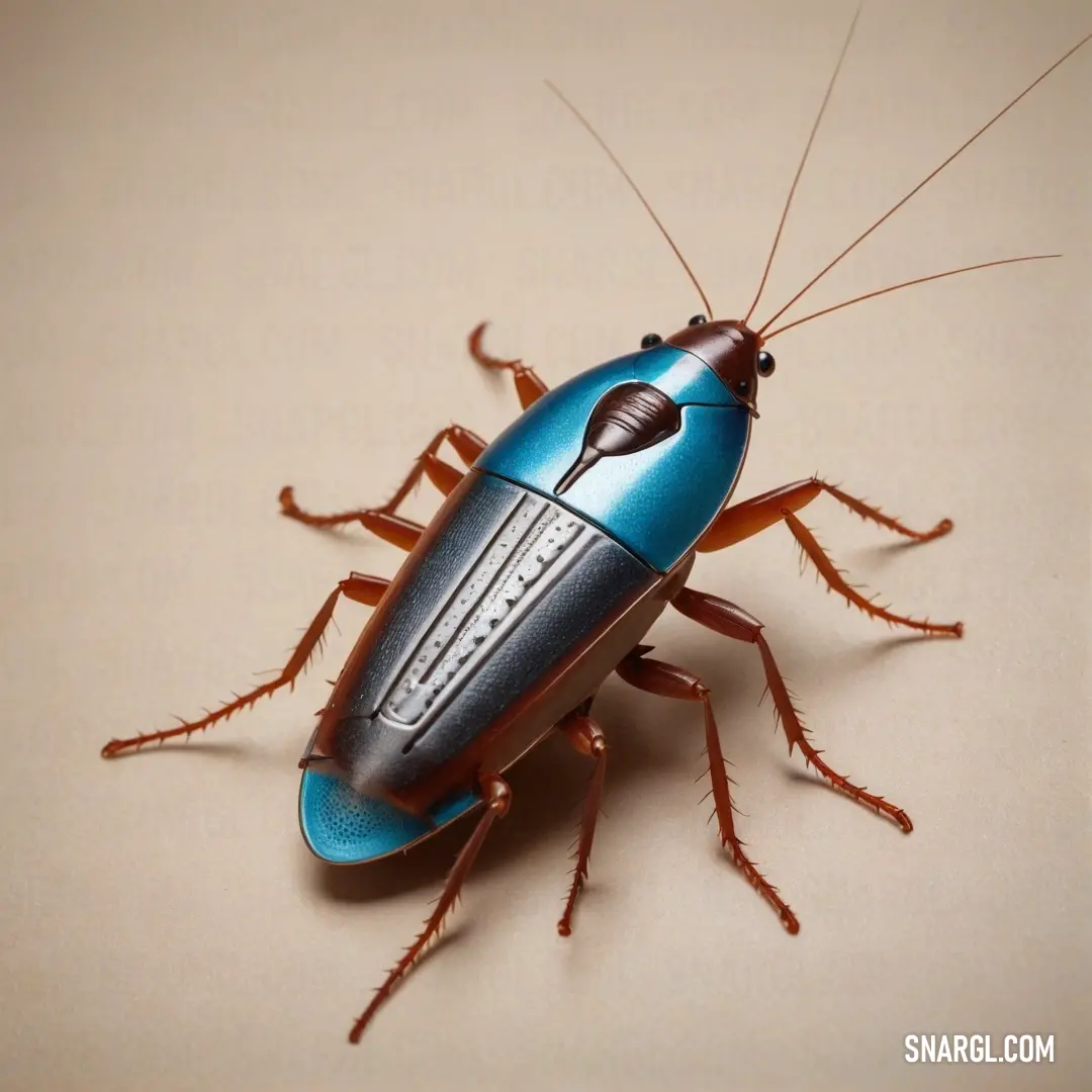 Blue bug with a black stripe on its body and a brown stripe on its body on a beige surface. Color Bondi blue.