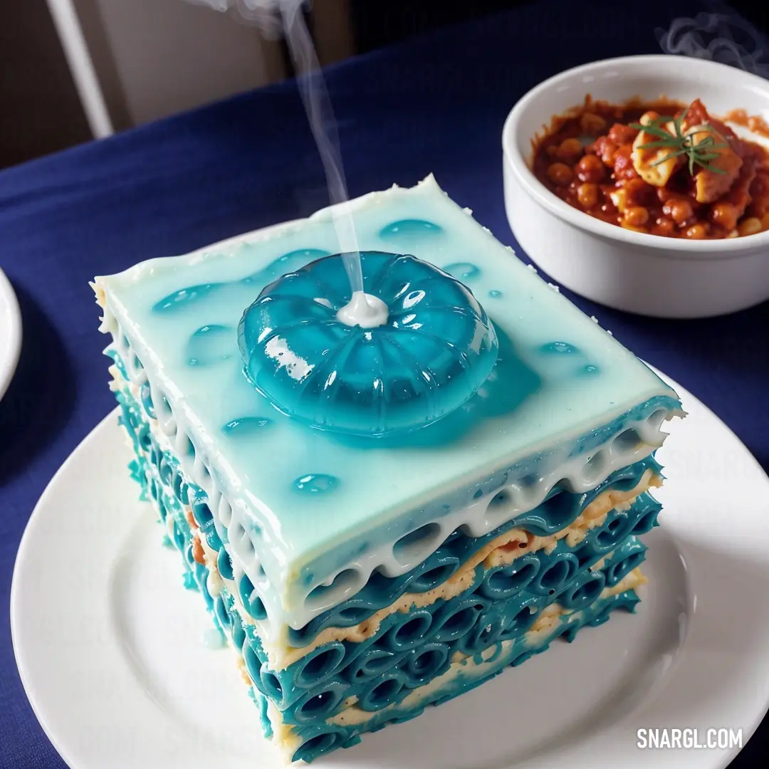 Blue cake with a candle on top of it on a plate next to a bowl of chili. Color CMYK 100,18,0,29.