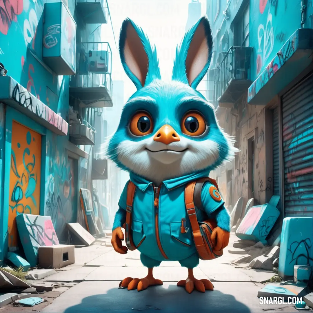 Cartoon rabbit with a backpack in a city street with graffiti on the walls and buildings behind it. Color RGB 0,149,182.