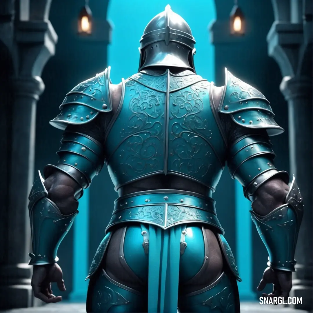 Knight in armor standing in a hallway with a light blue background. Example of #0095B6 color.