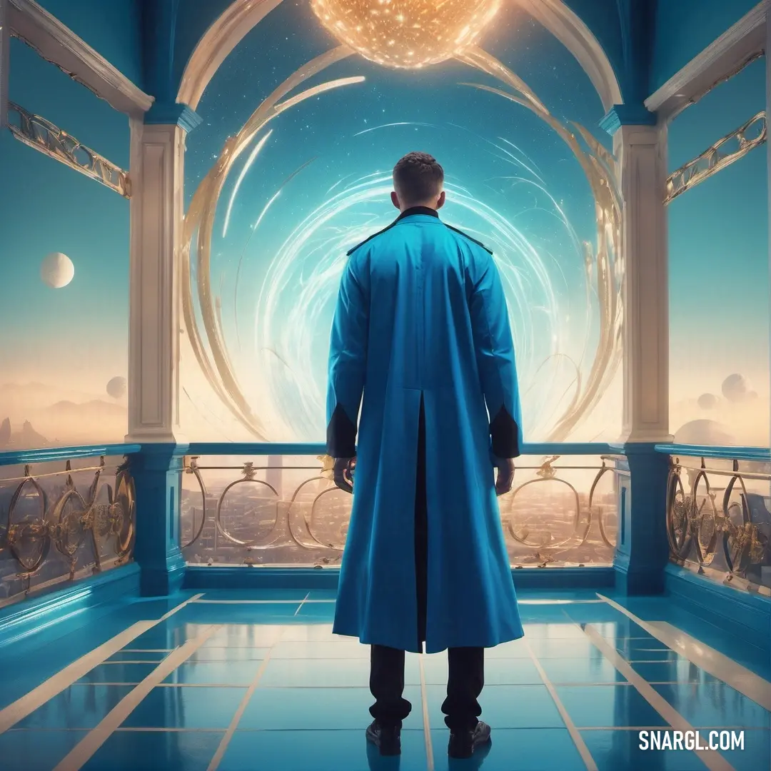 Man in a blue coat looking at a futuristic space station with a spiral vortex in the background. Color RGB 0,149,182.
