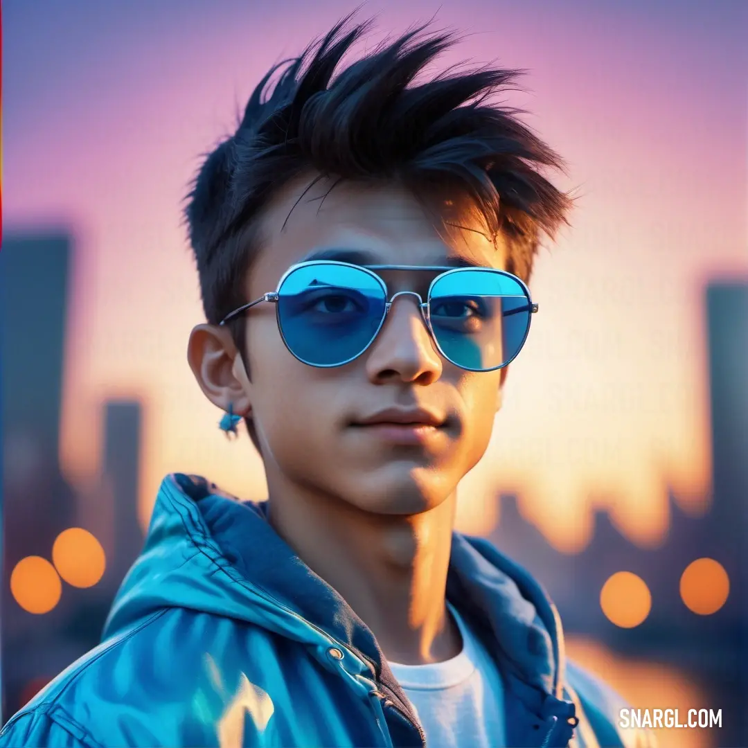 Bondi blue color example: Man with a mohawk and sunglasses on a city street at night with a city skyline in the background