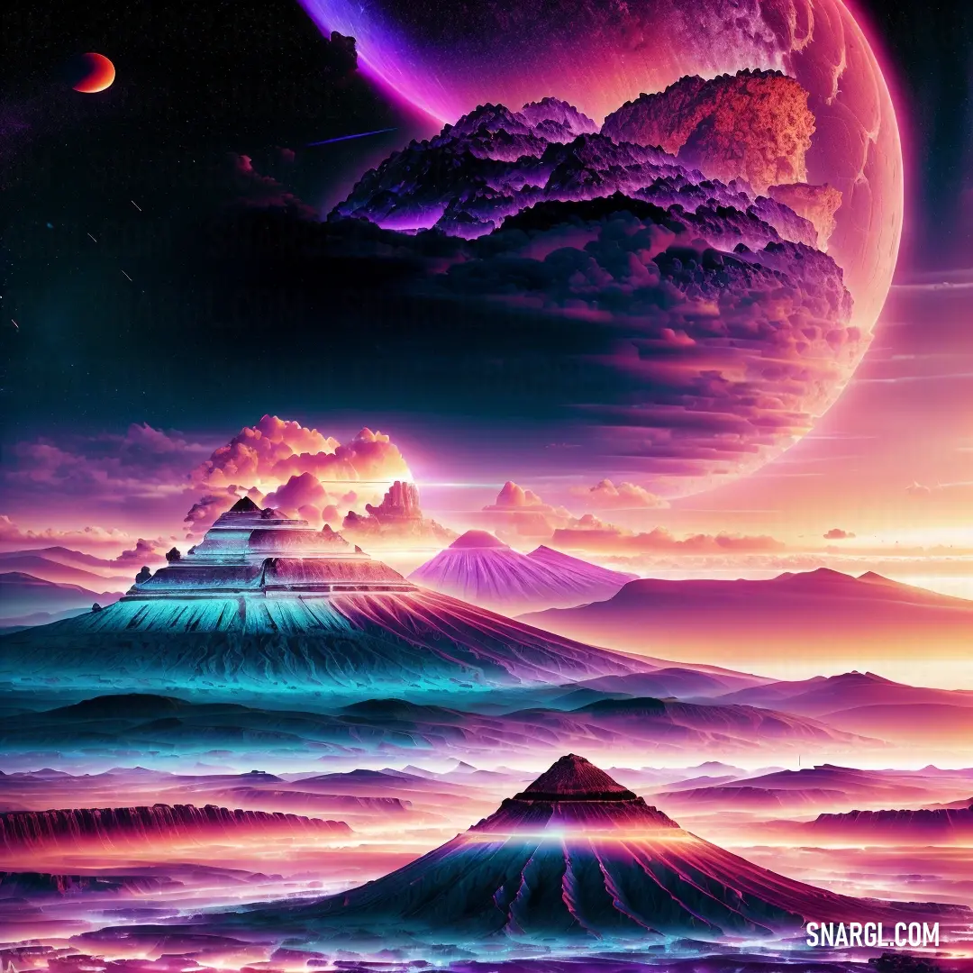 Painting of a mountain range with a sunset in the background. Example of RGB 0,149,182 color.
