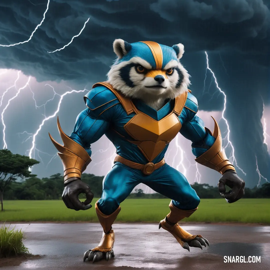 Raccoon dressed as a superhero in front of a storm with lightning behind it. Example of Bondi blue color.