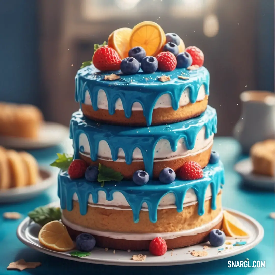 Three layer cake with blue icing and fruit on top of it on a plate on a table. Example of #0095B6 color.