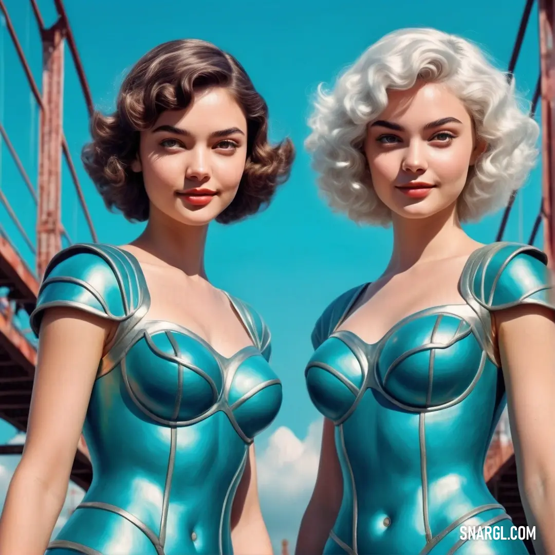 Two women in blue costumes standing next to each other in front of a bridge and a blue sky with clouds. Color CMYK 100,18,0,29.