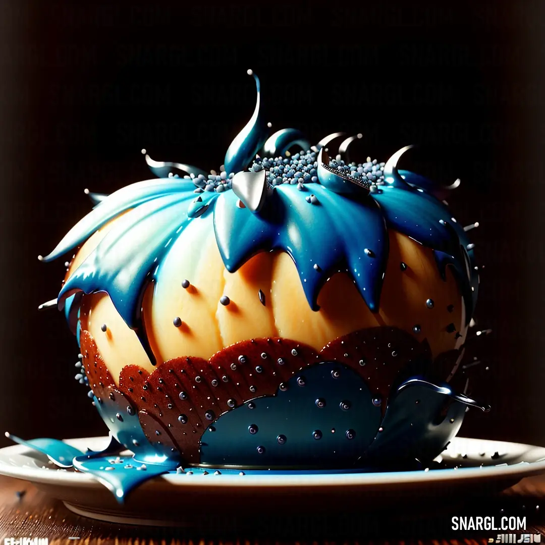 Cake with blue and orange frosting on a plate with a spoon on it and a black background