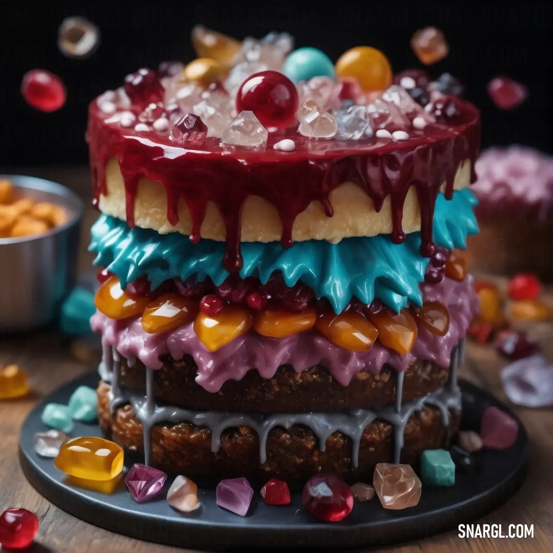 Cake with many different toppings on a plate on a table with other desserts around it and a tin of candies. Example of #0095B6 color.