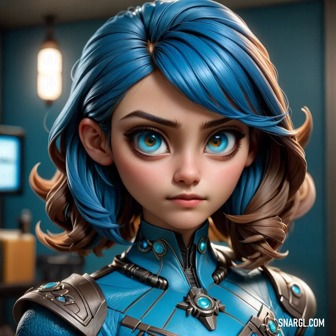 Bondi blue color example: Cartoon character with blue hair and blue eyes wearing a blue outfit and a blue jacket with a star on it