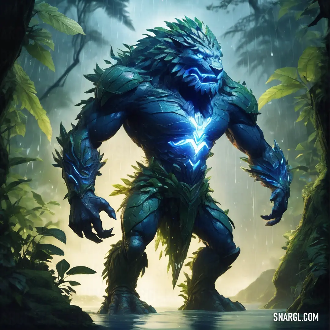 Bondi blue color example: Creature with a glowing blue light in its mouth standing in a forest with water and plants on it