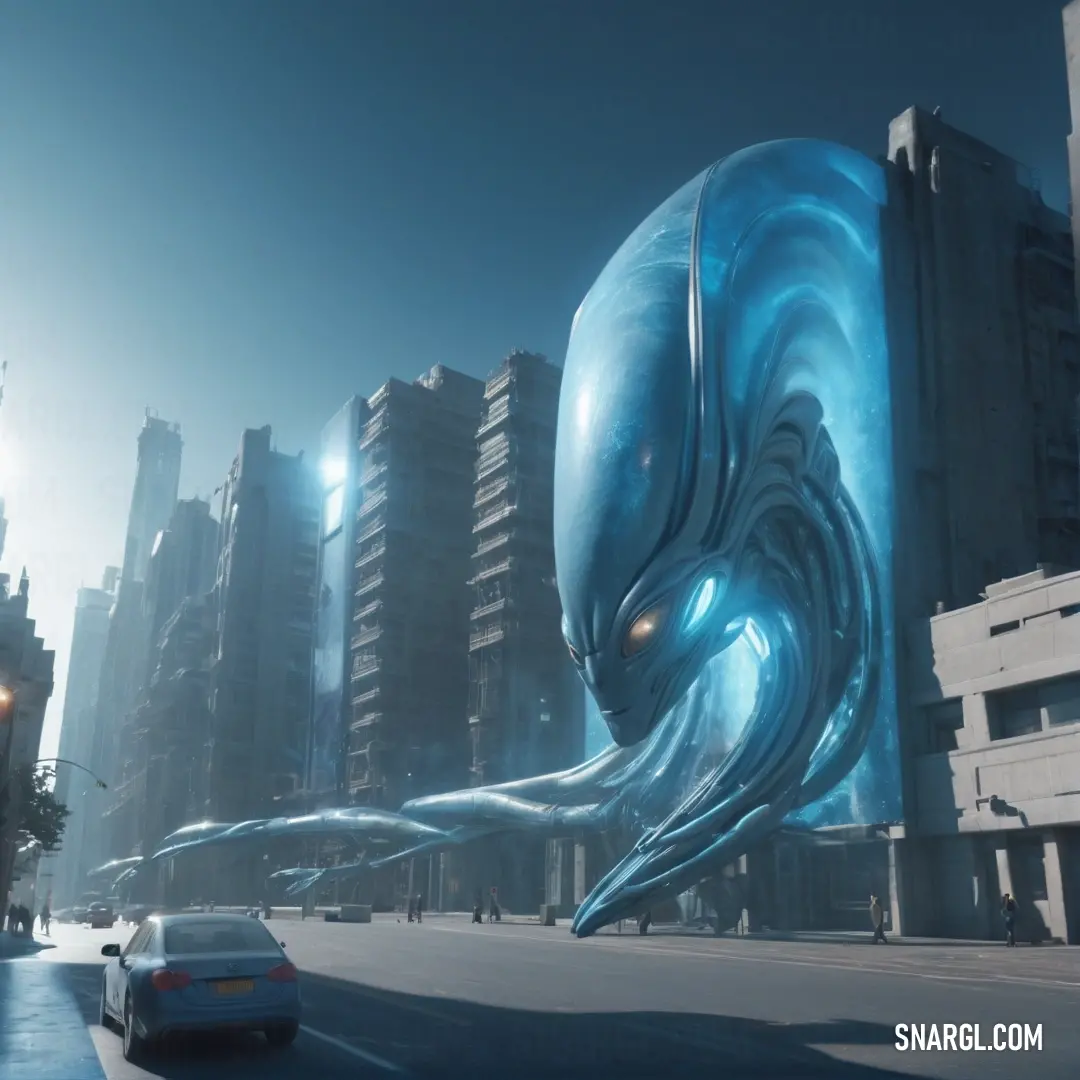 Futuristic city with a giant blue object in the middle of the street and a car driving by it. Example of Bondi blue color.