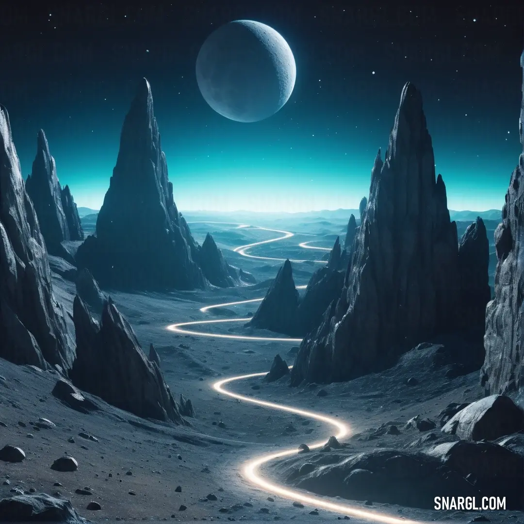 Futuristic landscape with a road going through a mountain range and a moon in the distance with a bright light shining on the horizon