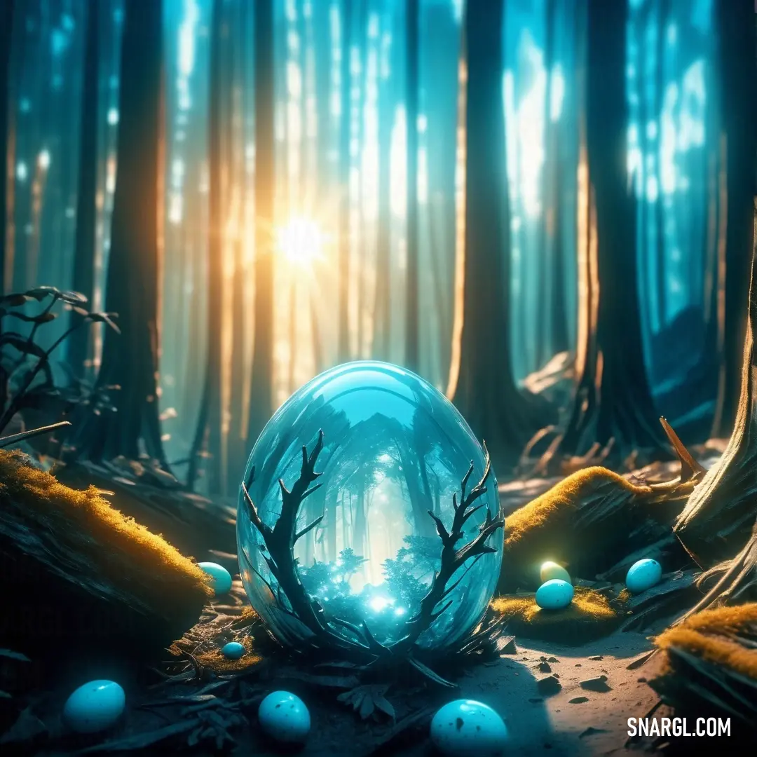 Glass ball with a light inside in a forest with blue eggs in it and trees around it with bright light coming from behind