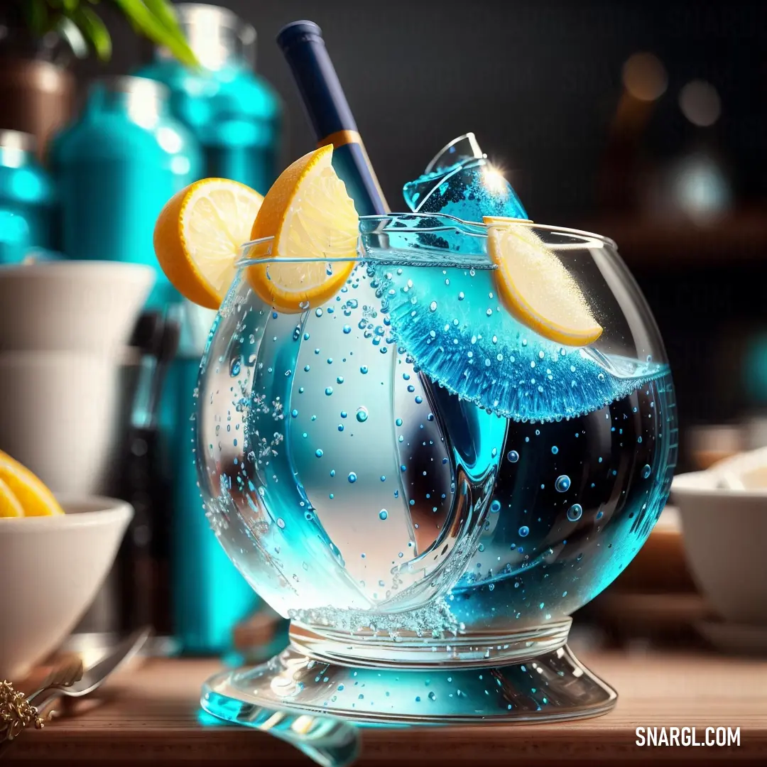 Glass of water with lemon slices and a straw in it on a table with other bowls and cups. Color #0095B6.