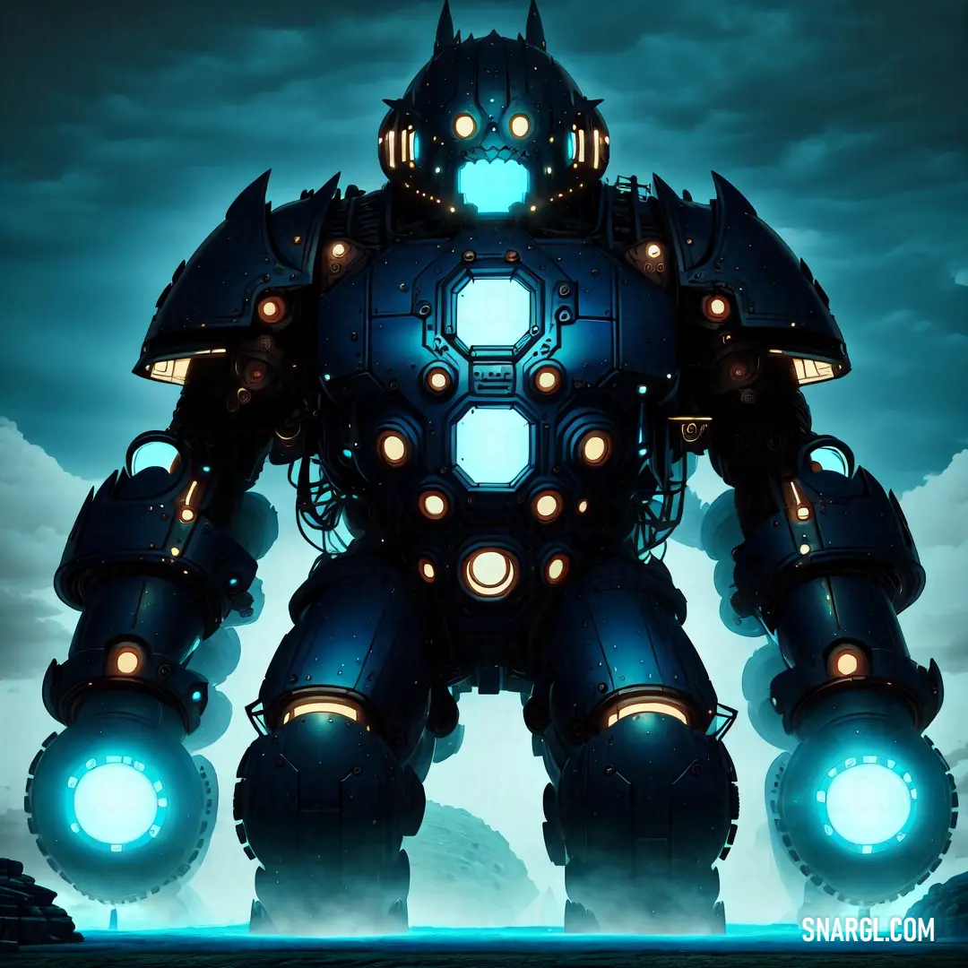 Large robot with glowing eyes standing in front of a cloudy sky