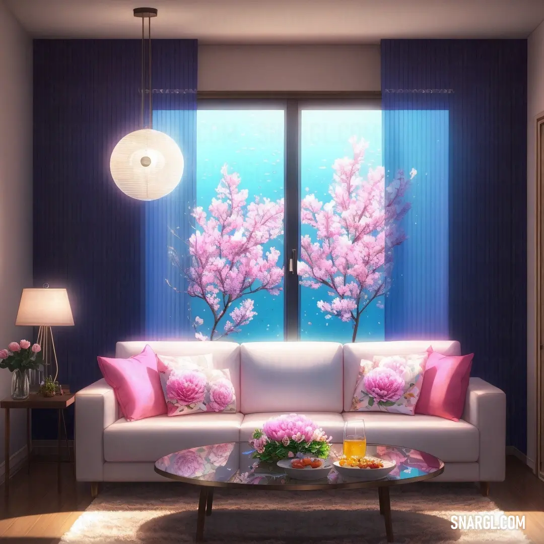 Living room with a couch and a table with flowers on it and a window with blue curtains behind it