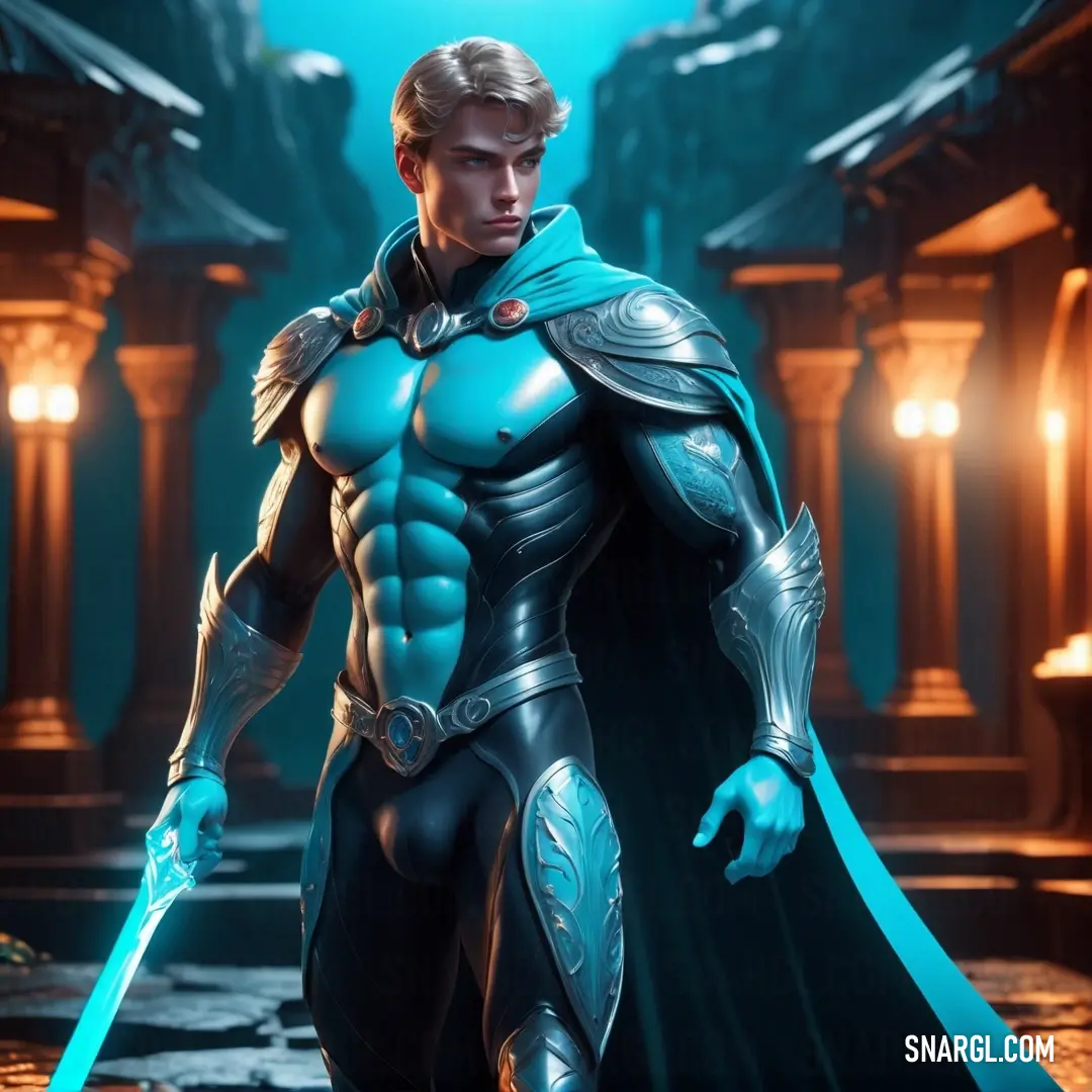 Man in a blue costume holding a sword in his hand and a glowing light behind him is a building