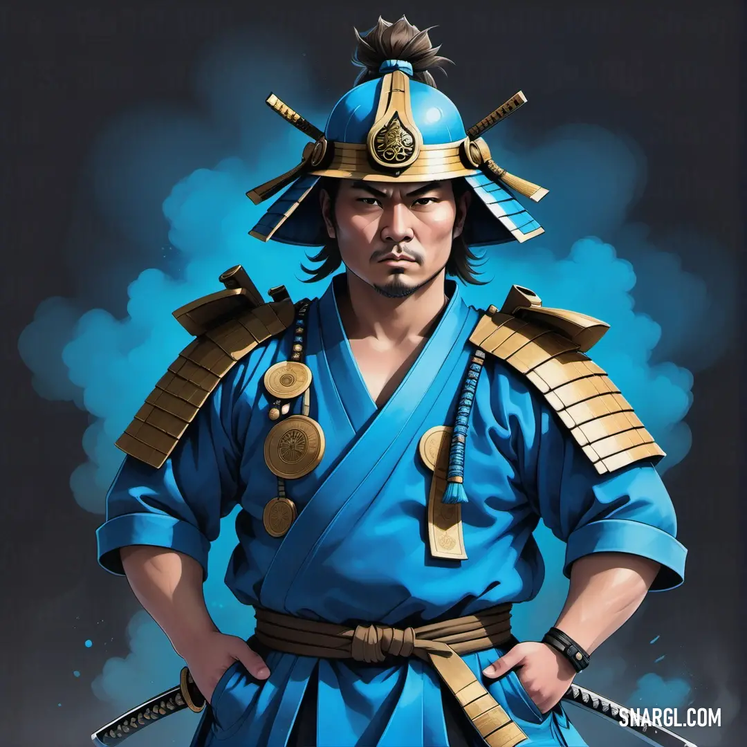 Man in a blue outfit with a sword in his hand and a helmet on his head