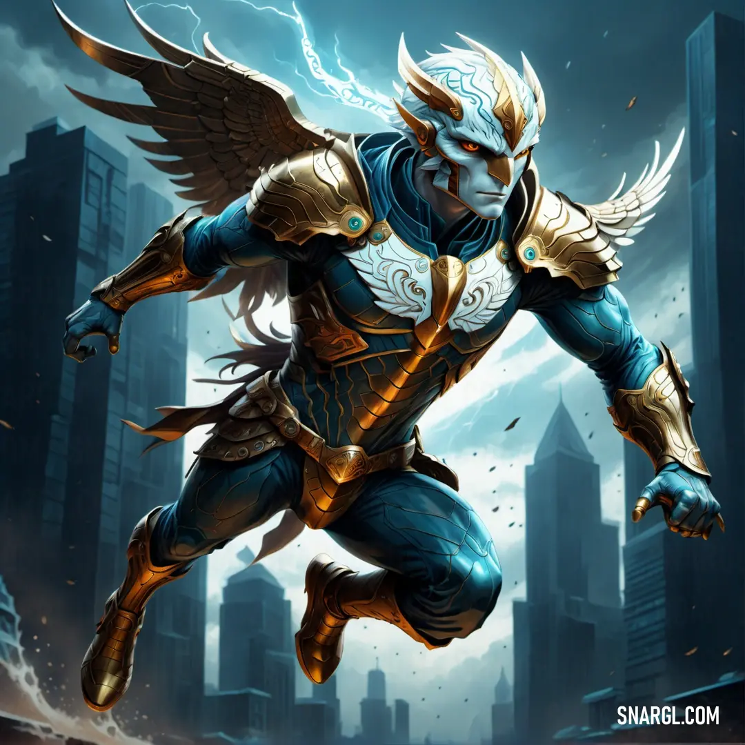 Bondi blue color example: Man with a sword and wings in a city setting with lightning in the background