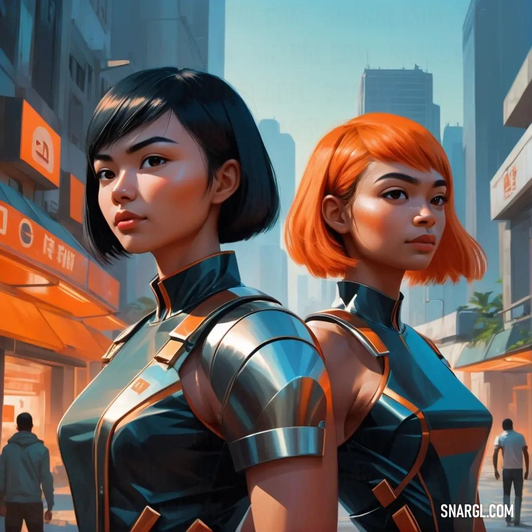 Two women in futuristic outfits standing in front of a city street with buildings and people in the background