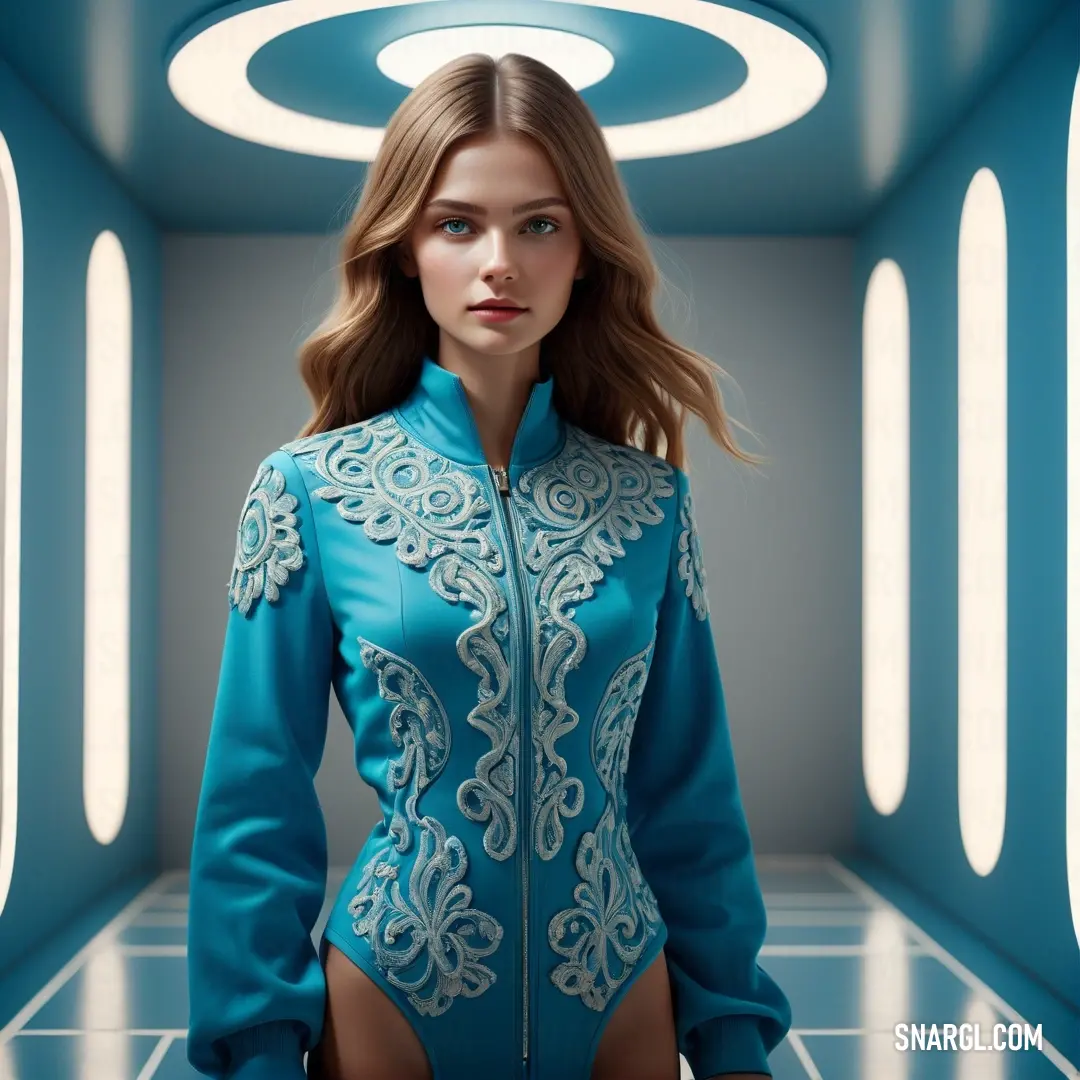 Woman in a blue bodysuit standing in a room with a circular light fixture above her head. Color Bondi blue.