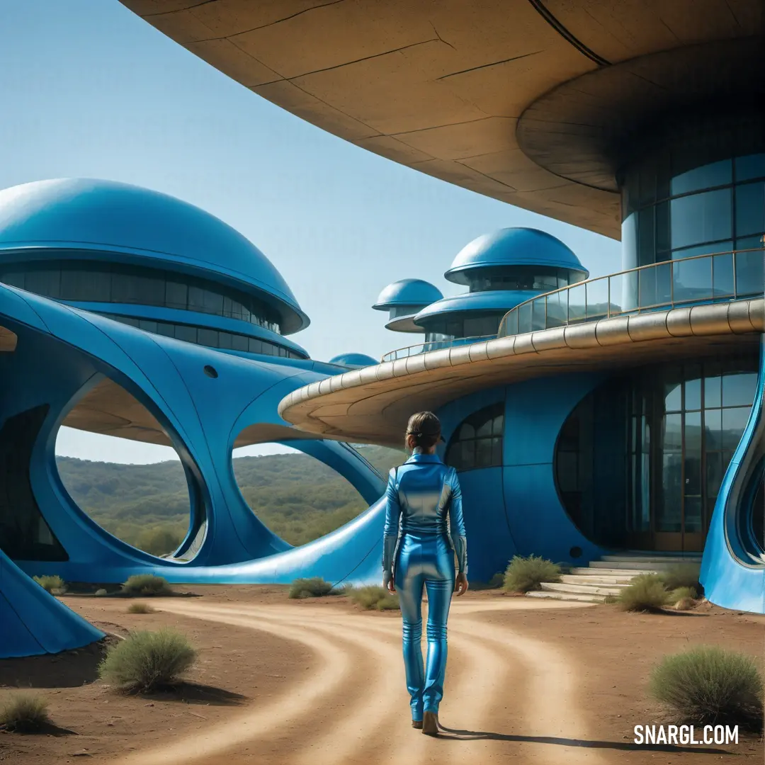 Woman in a blue suit walking towards a futuristic building with a spirally shaped entrance and walkway leading to a parking lot