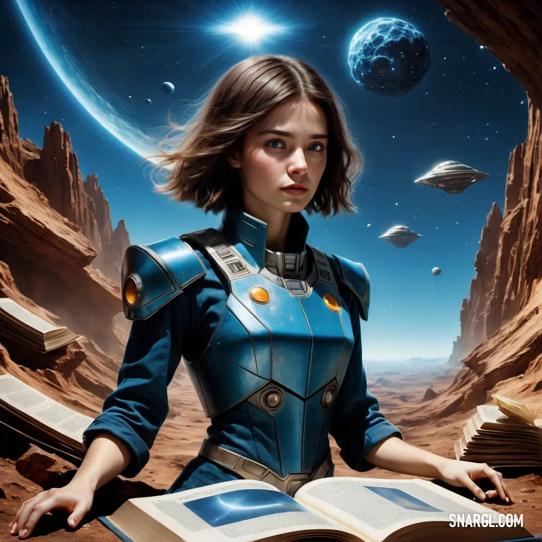 Woman in a space suit on a book in front of a bookcase