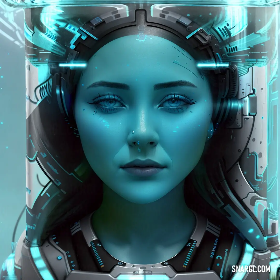 Woman with headphones on her ears and a futuristic background with a blue light coming from her face