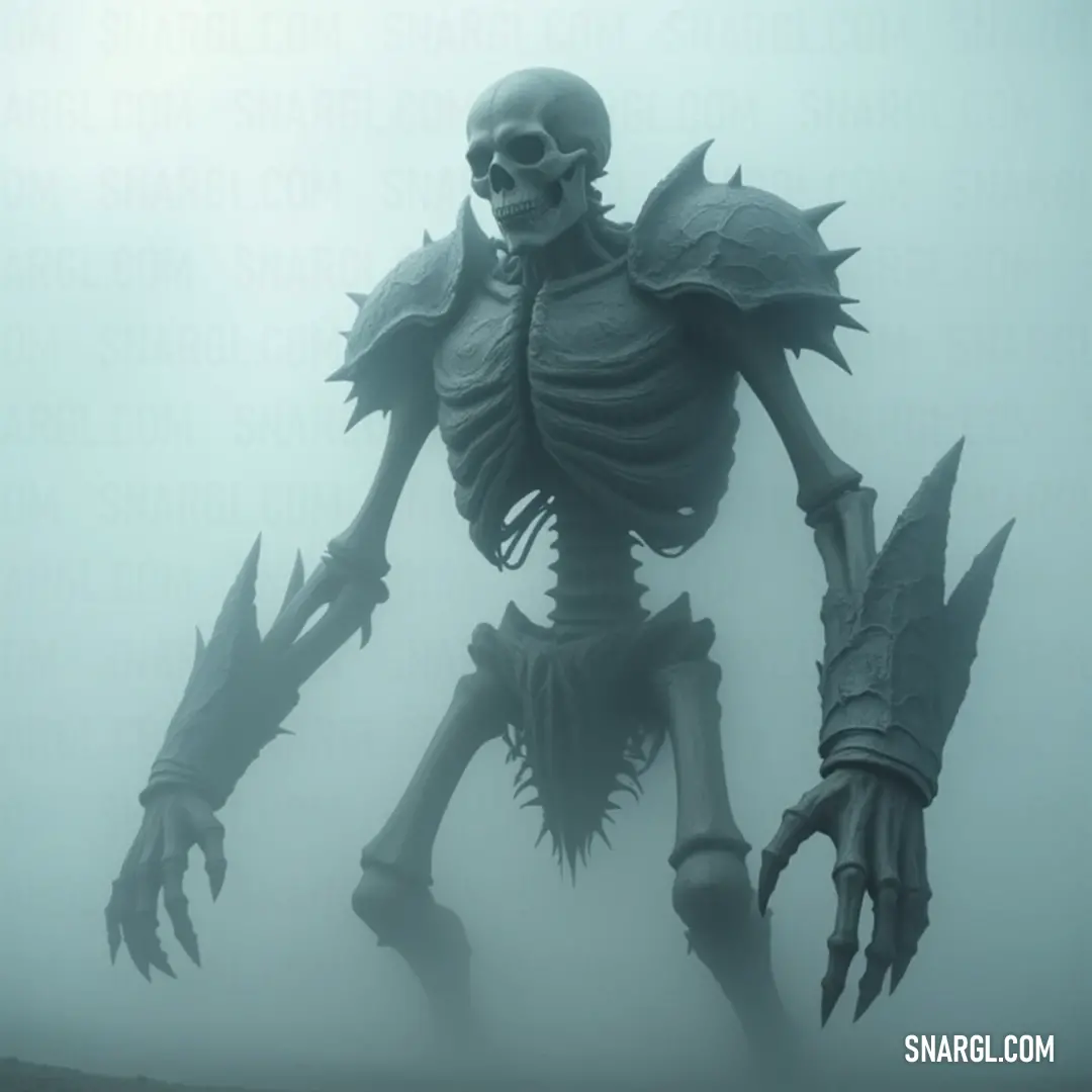 Bone Demon towering with monstrous arms and claws amidst the foggy heavens, showcasing his immense head in a hauntingly ethereal backdrop. A massive Bone Demon looms in the foggy sky, his large arms and menacing claws extending outward, with a colossal head that adds to his fearsome presence as shadows intertwine around him in the eerie atmosphere.
